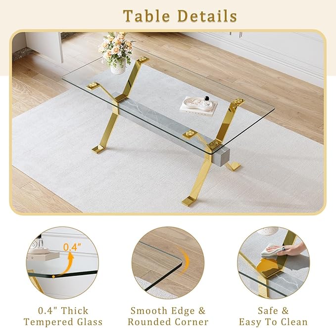 Glass Dining Table 71"｜Modern Dining Table for 6-8｜0.4" Thick Tempered Glass Top｜Chrome Gold Metal Legs｜Grey Crossbar｜Easy Assembly｜Perfect for Dining Room or Kitchen