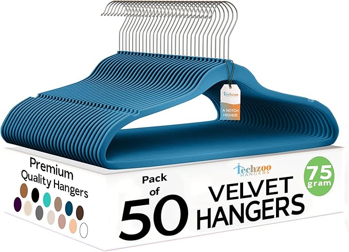 Premium Velvet Hangers 50 Pack Ultra Thin Non Slip Adult Felt Space Saving Slim Suit Hanger for Closet Heavy Duty Coat Pants Jackets Dress Hangers 360° Swivel Hook Hold Upto 10 lbs Blue