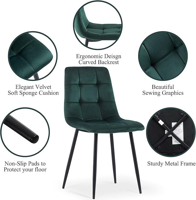 NORDICANA Forest Green Velvet Dinner Chairs Set of 6, Modern Armless Biscuit Tufted Dining Side Chairs with Metal Legs for Kitchen Living Room Vanity
