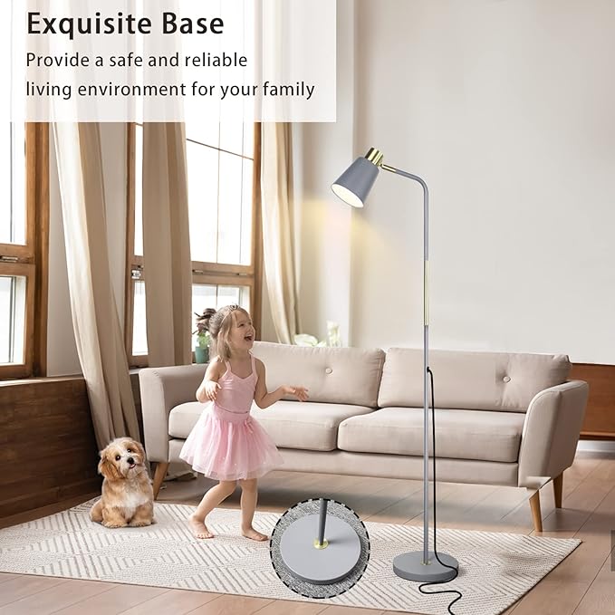 Floor Lamp, Industrial Floor Lamps for Living Rooms Rustic Farmhouse Reading Standing Floor Lamp Adjustable Metal Heads Indoor Task Lighting for Living Room Bedroom Office Home Décor (Grey)