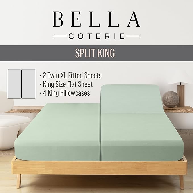 Bella Coterie 7 Piece Luxury Bamboo Viscose Split King Size Sheet Set | 2 Fitted Sheets for Adjustable Beds | 100% Organically Grown | Cooling for Hot Sleepers | 4 Pillowcases [Sea Glass]