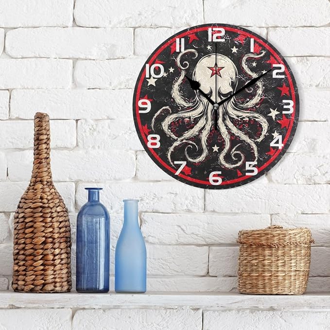 Bolaz Wall Clocks Decorative Bedroom Silent Living Room Desktop Octopus Star Tabletop Shelf Clocks Round Battery Operated 10 Inch Non-Ticking
