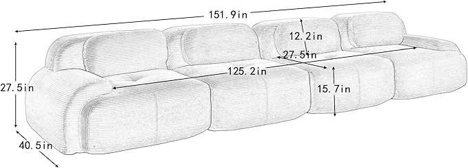 152" Modern Compressed Boneless Couch, 4 Seater Sectional Couches for Living Room, Blue Corduroy Cloud Modular Sectional Sofa, Comfy Memory Foam, Extra Deep, Sofas para Sala, No Assembly