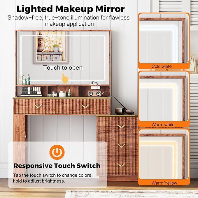 57“Makeup Vanity Desk with Mirror and Lights, Vanity Desk with 5 Drawers & Storage Shelves, Vanity Table with Power Outlet, 3 Color Modes & Adjustable Brightness Dressing Table, Bedroom,Brown