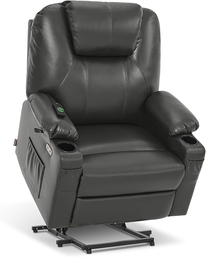 MCombo Oversized Power Lift Recliner Chair for Elderly, Lift Chair with Heat and Massage for Big and Tall, USB&Type C Ports, Cup Holders, Faux Leather R7510 (Grey, Large-Wide)