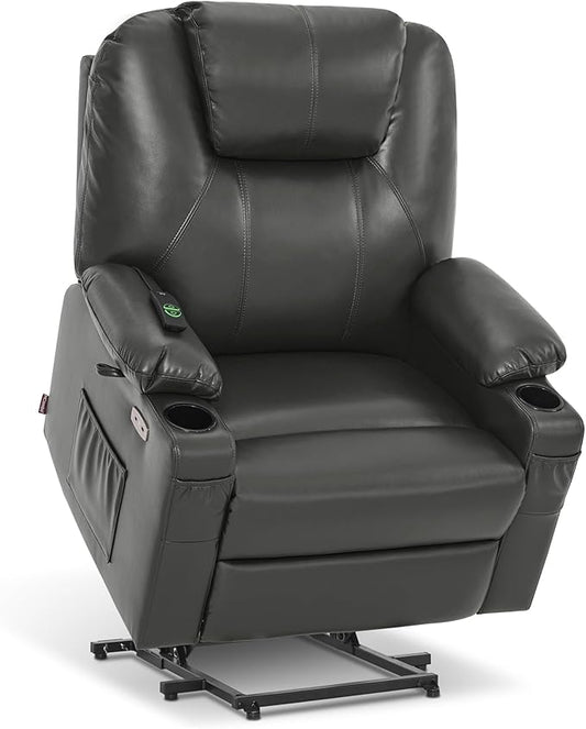 MCombo Oversized Power Lift Recliner Chair for Elderly, Lift Chair with Heat and Massage for Big and Tall, USB&Type C Ports, Cup Holders, Faux Leather R7510 (Grey, Large-Wide)