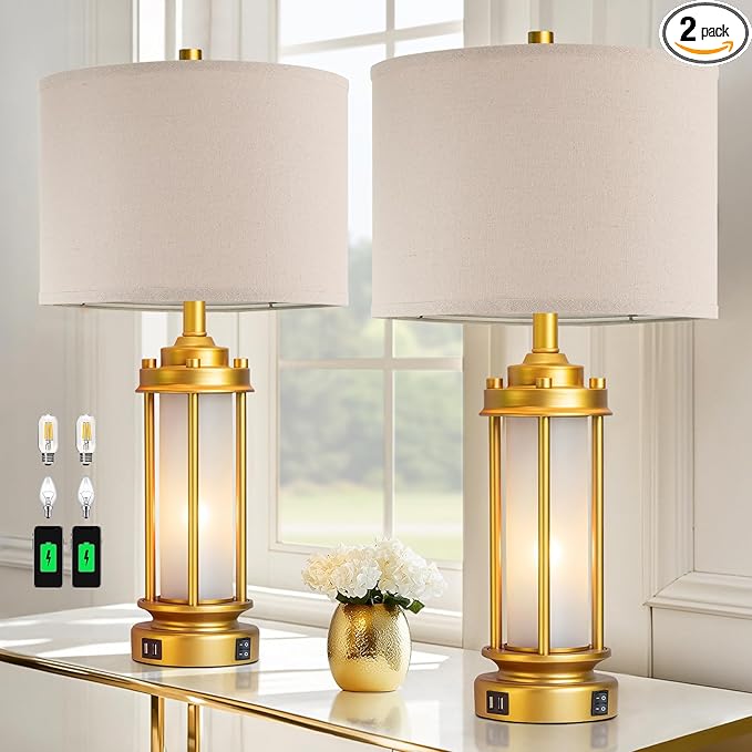 Set of 2 Modern Table Lamps for Living Room, Farmhouse Vintage Bedside Lamp with 2 USB Ports Glass Nightlight, Gold Nightstand Desk Lamps for Entryway Bedroom Dresser, 4 Bulbs Included