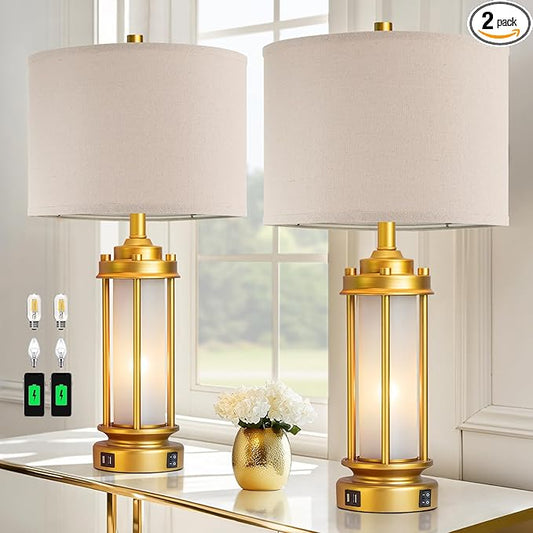 Set of 2 Modern Table Lamps for Living Room, Farmhouse Vintage Bedside Lamp with 2 USB Ports Glass Nightlight, Gold Nightstand Desk Lamps for Entryway Bedroom Dresser, 4 Bulbs Included