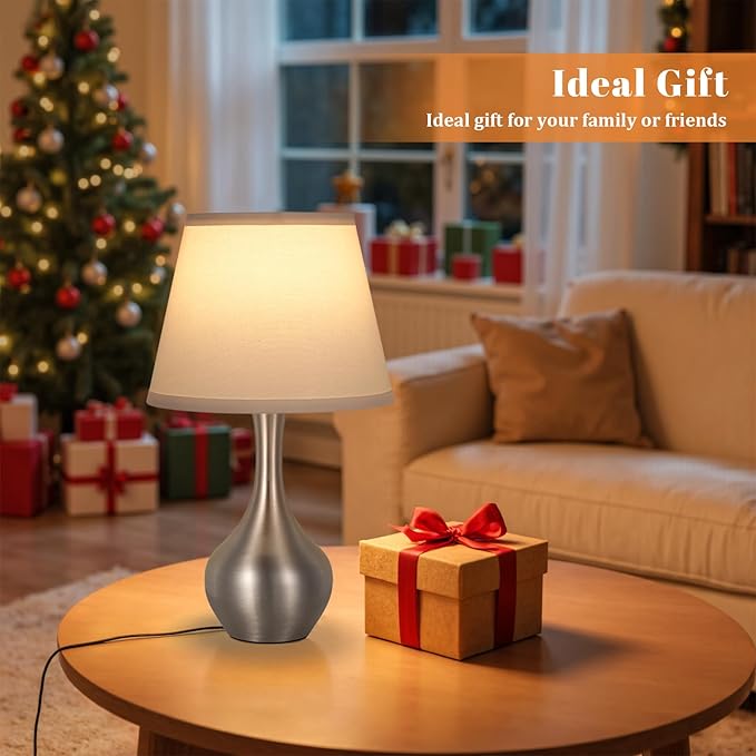 Seealle Touch Table Lamps for Nightstand Set of 2, 3-Way Dimmable Small Bedroom Lamps for Night Stands, Silver Bedside Lamps for Living Room, Kids Room, End Table(LED Bulbs Included)