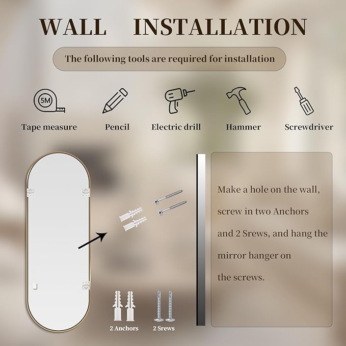 Oval Full Length Mirror, 60"×19" Wall-Mounted Mirror with Metal Frame, Ultra-Clear Explosion-Proof, Simple and Classic Deco for Cloakroom/Bedroom/Living Room, Gold