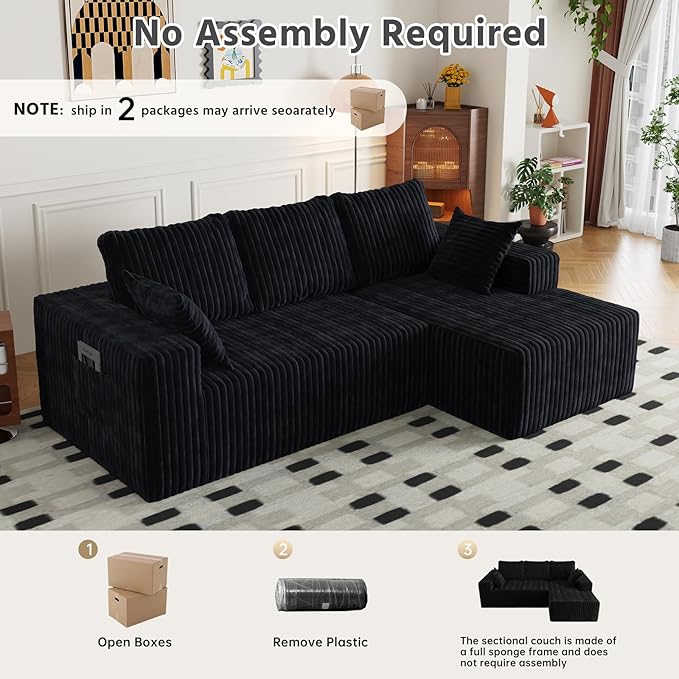 94" Cloud Sectional Couch with L-Shape Chaise,4 Seat Modern Modular Sofa with Side Pockets,Upholstered Couches for Living Room Bedroom, Boneless Couch,No Assembly Required