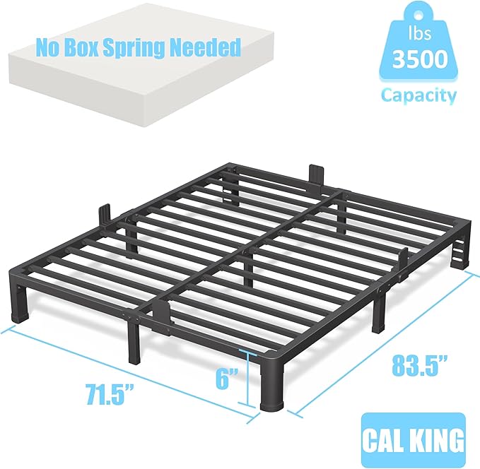 6 Inch California King Bed Frame with Rounded Corner and Headboard Hole Mattress Retainers 3500 LBS Metal Heavy Duty Steel Slats Support No Box Spring Needed Platform Noise Free Easy Assembly