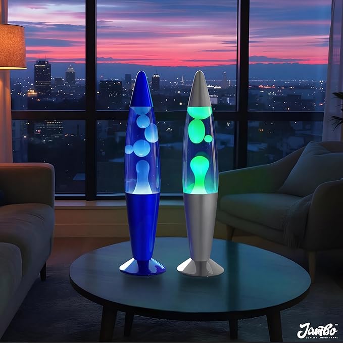 JAMBO 2 Pack- 16" Beautiful Lamp- Silver with Yellow/Green Wax and Blue with Blue/White Wax, Relaxing Liquid Lamp, Night Light Nightlight, Lamps for Adults Teens Kid