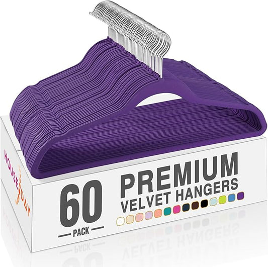 HOUSE DAY Noble-Purple Velvet Hangers 60 Pack, Non Slip Clothes Felt Hanger Heavy Duty for Coat, Premium Slim Space Saving Suit Hangers for Closet Organizer, 360° Rotating Silver Hook