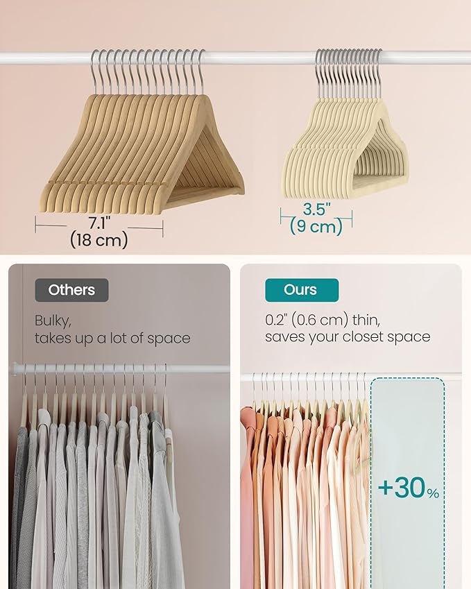 SONGMICS Velvet Hangers 60 Pack, Non-Slip Clothes Hangers with Silver-Colored Swivel Hooks, Slim Space-Saving for Closet, Heavy-Duty, Summer Sand UCRF036LF02S