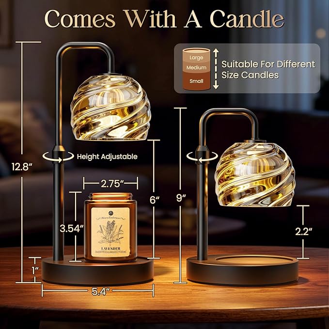 WarmEmbrace Candle Warmer Lamp with Lavender Candle Set, Electric Wax Warmer Lamp with Auto Timer & 4 Dimmable Lights, Adjustable Height for Jar Candles, Elegant Home Decor Gift for Women, Black
