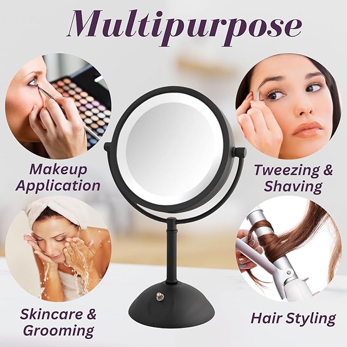JERDON Lighted Makeup Mirror with Magnification - 1X and 8X Magnification - Black Makeup Mirror - Model HL8808BKL
