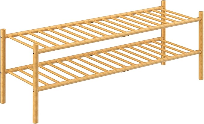 2-Tier Bamboo Long Shoe Rack, Free Standing Wood Shoe Shelf Storage Organizer for Closet Entryway Stackable 35"x11"x13" (Natural)