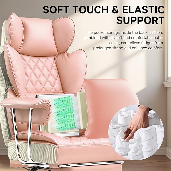 COMHOMA Big and Tall Office Chair, High Back Leather Gaming Chair with Footrest, Executive Ergonomic Office Chairs with Pocket Spring Lumbar Support and with Outward Fixed Soft Armrests