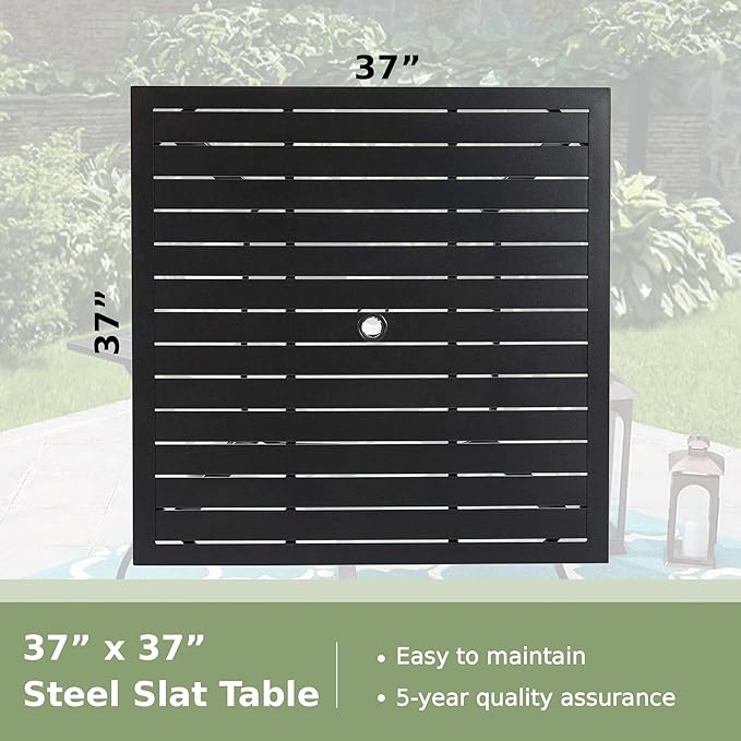 PHI VILLA 37" Metal Steel Slat Patio Dining Table Square Backyard Bistro Table Outdoor Furniture Garden Table, 1.57” Umbrella Hole, Black