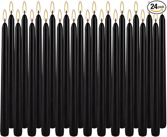 24 Pack Black Taper Candles, 7-8 Hours Burn Time, Unscented, Smokeless and Dripless, 0.75 x 10 Inch Dinner Candle Set for Halloween, Household, Wedding, Party and Home Décor Candlesticks