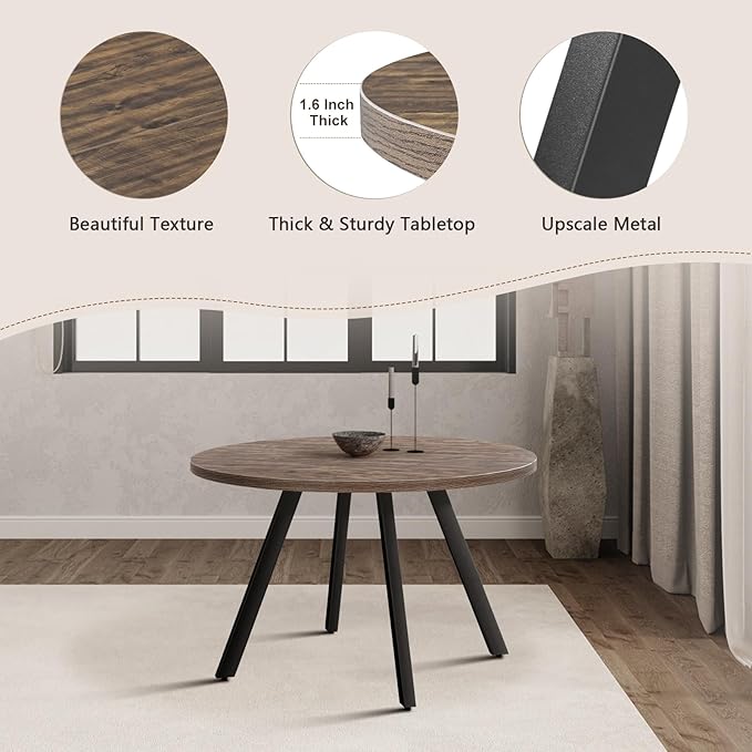 Round Wood Dining Table for 4-6, 47" Mid Century Modern Kitchen Table (Only Table), Brown