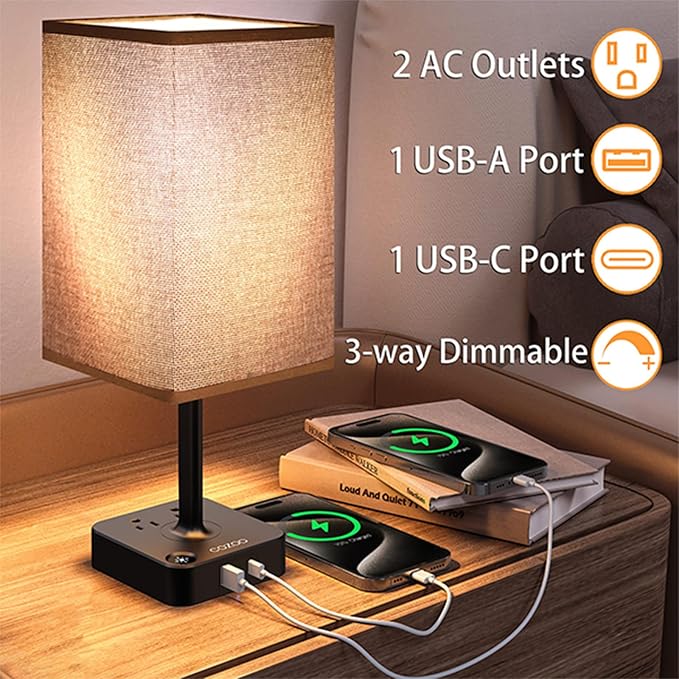 cozoo Bedroom Lamp Touch Control Bedside Table Lamp with USB C & USB A Charging Ports and 2 AC Outlets,Modern LED Desk Light with Charger Base Brown Fabric Shade for Bedroom/Nightstand/Office/Decor