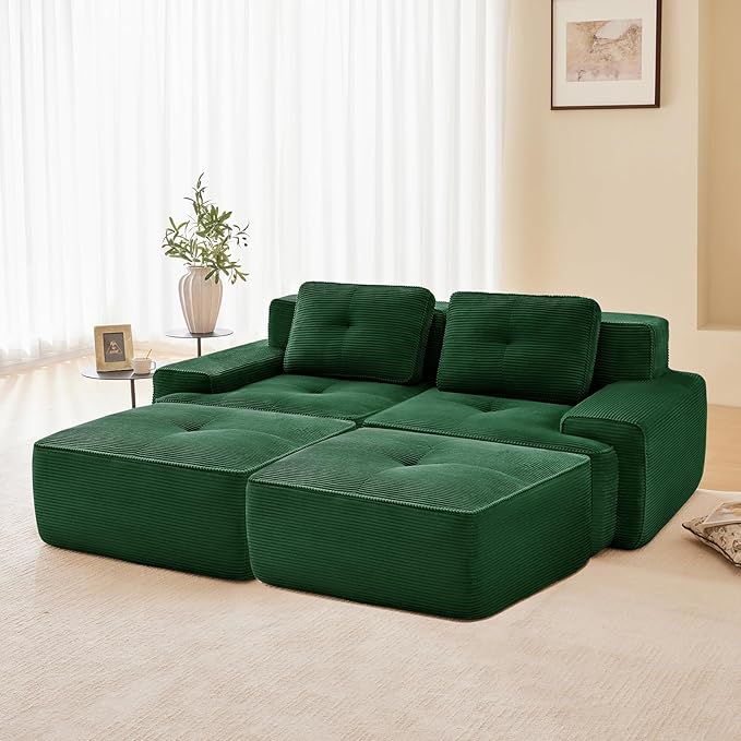 80" Modern Corduroy Boneless Love Seat Couches with 2 Ottomans, 2 Seater Large Sectional Couches for Living Room, Green Cloud Modular Sectional Sofa, Memory Foam, Extra Deep Loveseat, No Assembly