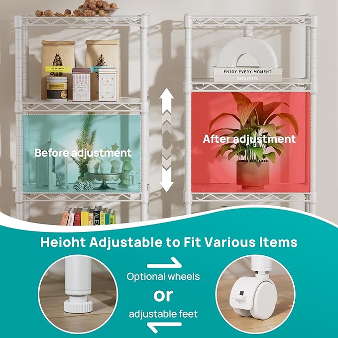 SINGAYE 4 Small Shelves Storage Shelf Wire Shelving Unit Metal Shelf Adjustable Organizers Storage Shelving with Wheels for Bathroom Laundry Room Kitchen Pantry11.5”D x 17.3”W x 44.5”H White