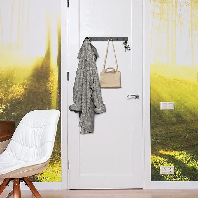 Coat Rack Wall Mounted, Black Coat Hooks Adhesive & Screw in, Stainless Steel Door Hooks for Hanging Hat Towels Clothes, Hook Rail with 6 Round Hangers