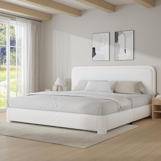 BarnFurin Boucle Upholstered Bed Frame King Size/Cloud Bed Frame/Soft Rounded Corners Headboard/Low Profile/No Box Spring Needed/White