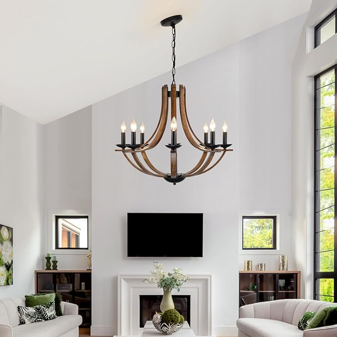 Rustic Farmhouse Dining Room Chandelier Light Fixture, 8-Light 28" Adjustable Chandelier for Kitchen Island, Living Room, Foyer, Staircase, Restaurant, Showroom, Villa, Faux Walnut