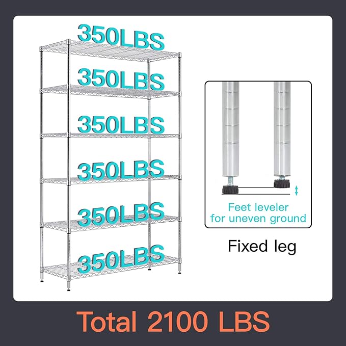 BestOffice | 6-Tier Wire Storage Shelves with Wheels | 18x48x82 | Chrome | Adjustable Racks | Heavy-Duty Metal Shelf, Holds Upto 510 lbs | No-Tool Assembly | Ideal for Home & Garage Shelving