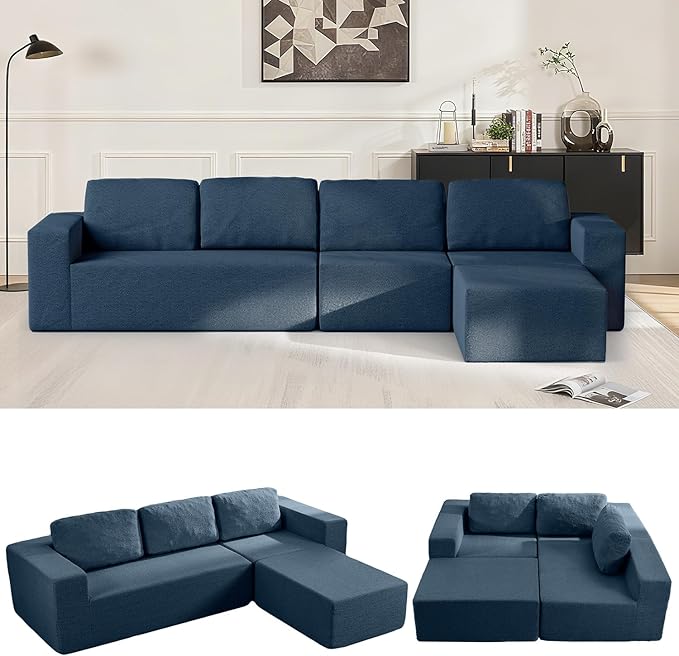 136" Modular Sectional Couch Left/Right Facing Convertible, L-Shape Modern Teddy Sofa, Deep Seat Upholstered Foam Couch for Living Room Bedroom, No Assembly Required (Blue, Teddy Boucle)