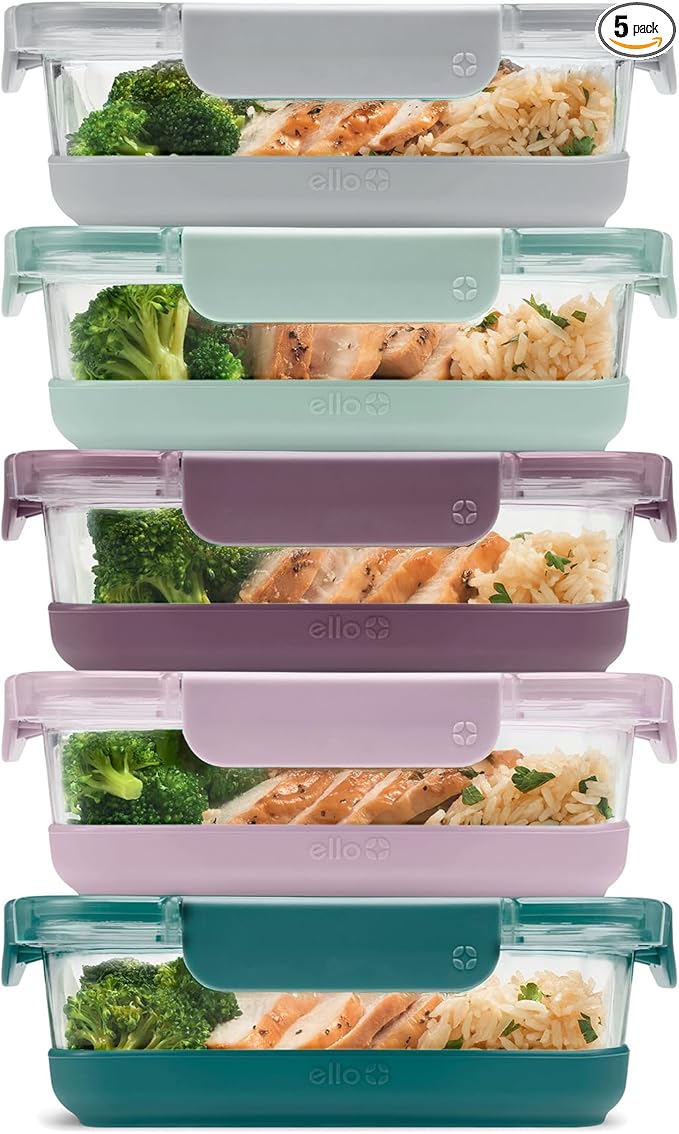 Ello Duraglass 3.4 Cup Meal Prep Sets 10Pc, 5 Pack Set- Glass Food Storage Container with Silicone Boot and Airtight BPA-Free Plastic Lids, Dishwasher, Microwave, and Freezer Safe, Garden Goals