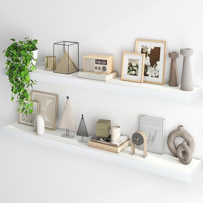 Fun Memories Floating Shelves for Wall, 55Inch Floating Shelves Set of 2, Hanging Shelf with Invisible Brackets, Wood Shelves for Living Room, Bedroom, Kitchen, White