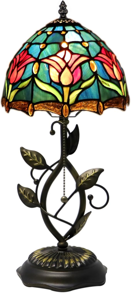 Small Tiffany Lamp Red Blue Tulips Style Stained Glass Table Lamps Desk Bedside Reading Light 8X8X18 Inches with Bronze Metal Leaf Resin Base