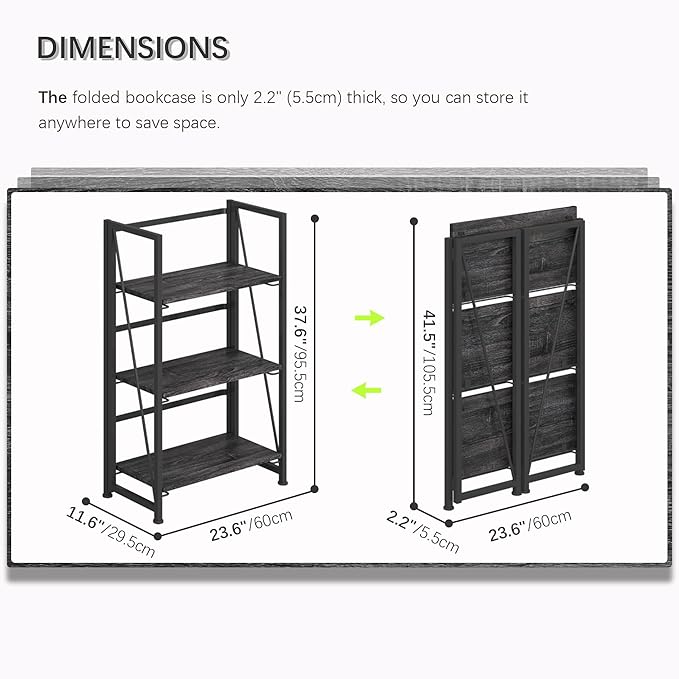 4NM No Assembly Folding Bookshelf Storage Shelves 3 Tiers Vintage Bookcase Standing Racks Study Organizer Home Office (Gray Black)