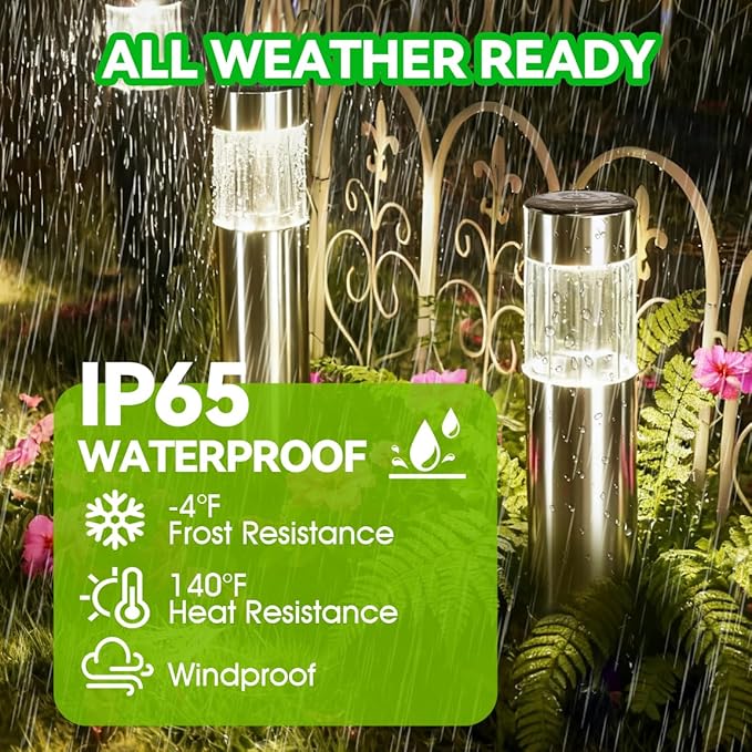 Solar Lights Outdoor Waterproof 4 Pack, Bright 35LM 3000K Warm White LED Pathway Lights, IP65 Auto On/Off Wireless Stake Lamps, Decorative Outdoor Path Lighting for Entryway, Poolside, Front Porch
