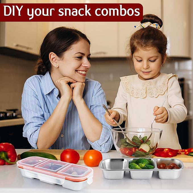 3 Pack Stainless Steel Snack Containers with Lids, 3 Compartment Food Storage Containers, Stackable Metal Divided Snack Box for Salads Picnic, Reusable Bento Lunch Box for Home Work Travel