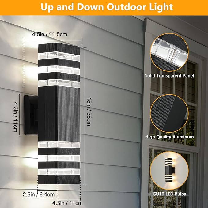 tewei 1 Pack LED Square Up and Down Lights Outdoor Wall Mount Light, 3-Layer Black Modern Outdoor Lights for House, IP65 Waterproof Aluminum Exterior Lamps for Front Porch Garage, Warm White 3000K