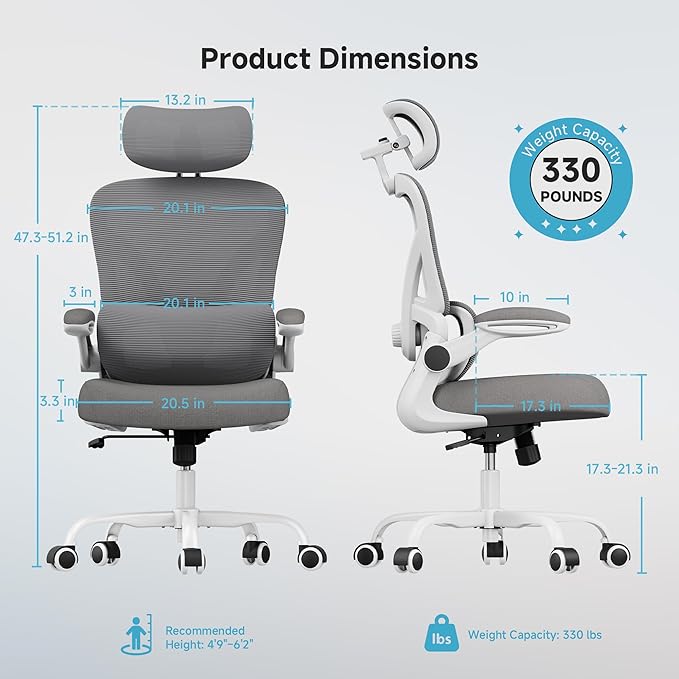 Ergonomic Office Chair with Adjustable Lumbar Support & Headrest, 330 LBS High Back Mesh Chair with Flip-up Armrests for Long Hours, Home Office Desk Chair, White and Gray