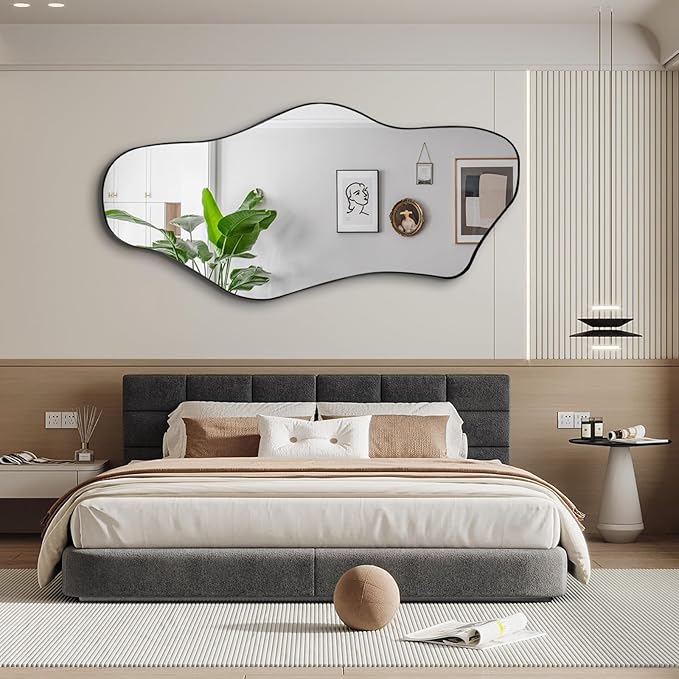 Irregular Mirror Full Length, 63"x29" Large Asymmetrical Wall Mirror for Dressing, Modern Black Metal Frame Abstract Wall Mirrors for Living Room Bathroom Bedroom Hallway Entryway