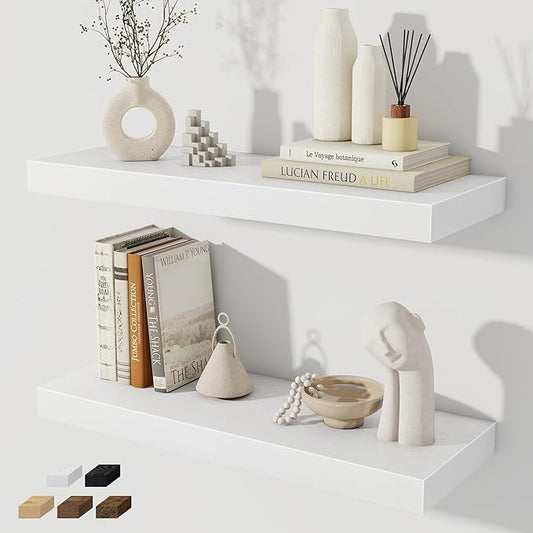 Floating Shelves for Wall, 24 Inch Floating Shelves Set of 2, Wall Mounted Rustic Wood Shelf for Bathroom, Living Room, Bedroom and Kitchen, Hanging Shelf for Storage, Books, Home Decor, White