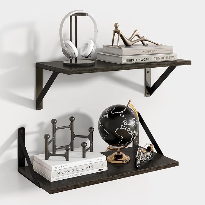 Axeman Floating Shelves for Wall, 16W x 8D Black Floating Shelves Set of 2, 8 Inch Deep Wall Mounted Shelves for Bookshelf Living Room Bedroom Home Office Bathroom