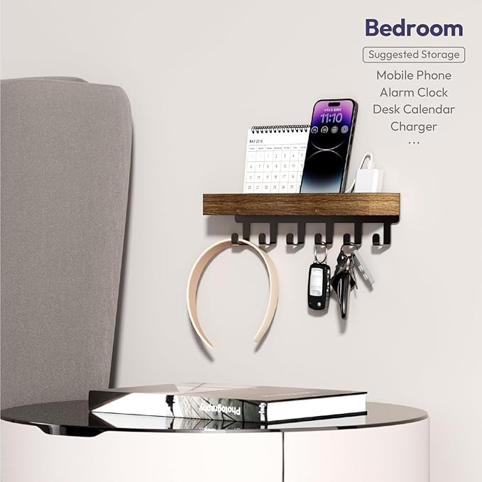 SWTYMIKI Key Holder Wall Mount - Wooden Key Hooks for Wall with Mail Organizer & 6 Hooks, 2 Installation Ways Key Hanger, Key Rack with Shelf for Entryway Living Room Bedroom Office Home Decor Brown