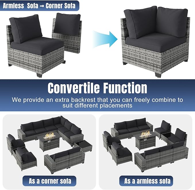 Aoxun 13 Pieces Patio Furniture Set with 44” Fire Pit Table Wicker Rattan Outdoor Sectional Conversation Set with Coffee Table and 4” Thickened Cushions, Gray/Black(Waterproof Cover Included)