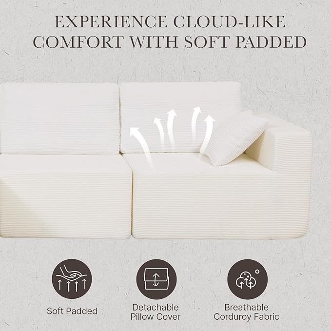 137” Modular Sectional Sofa Couch, 4-Seater U-Shape Sofa with Ottoman, Memory Foam Compressed Sofa, Free Combination Couch for Living Room,No Assembly Needed (White, 4 Seats+ 2 Ottoman)