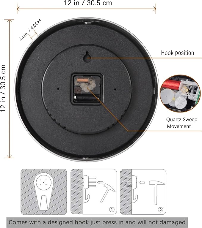 Silent Wall Clock Decorative,Analog Stainless Steel Wall Clock Battery Operated