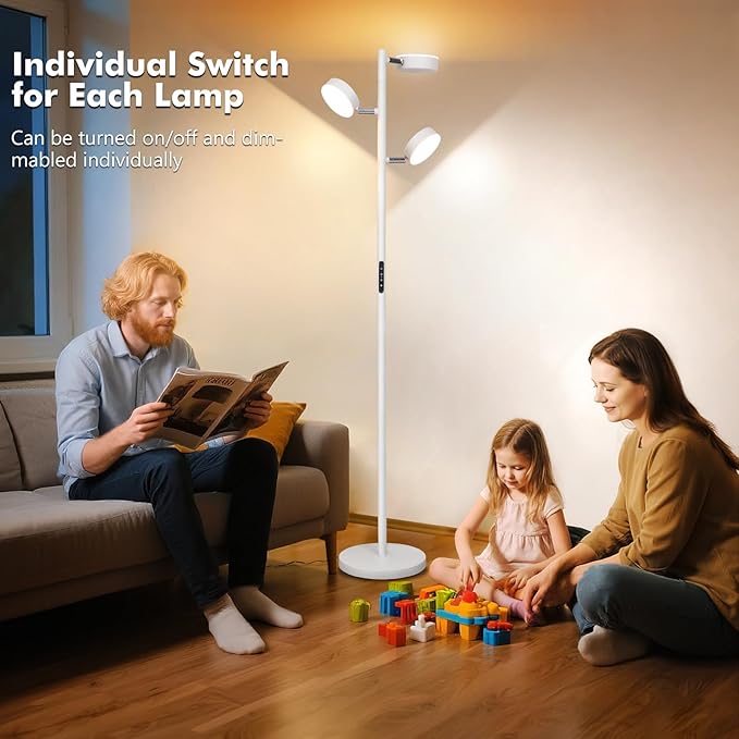 Tree Floor Lamp for Living Room - Modern White Standing Lamp, LED Floor Light with Remote & Touch, 3000K-6000K Dimmable for Bedroom Office Reading (3 Head)